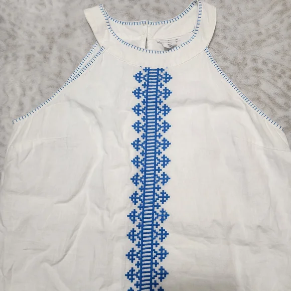 Lucky Brand 100% Linen Halter Dress Size M Embroidered White And Blue - Picture 3 of 16